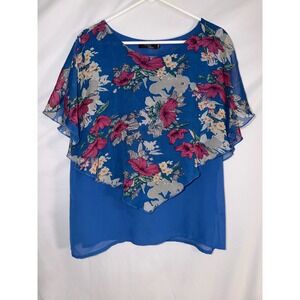 Yuna Fashion Blue Floral Flutter Sleeve Chiffon Layered Blouse Size SM